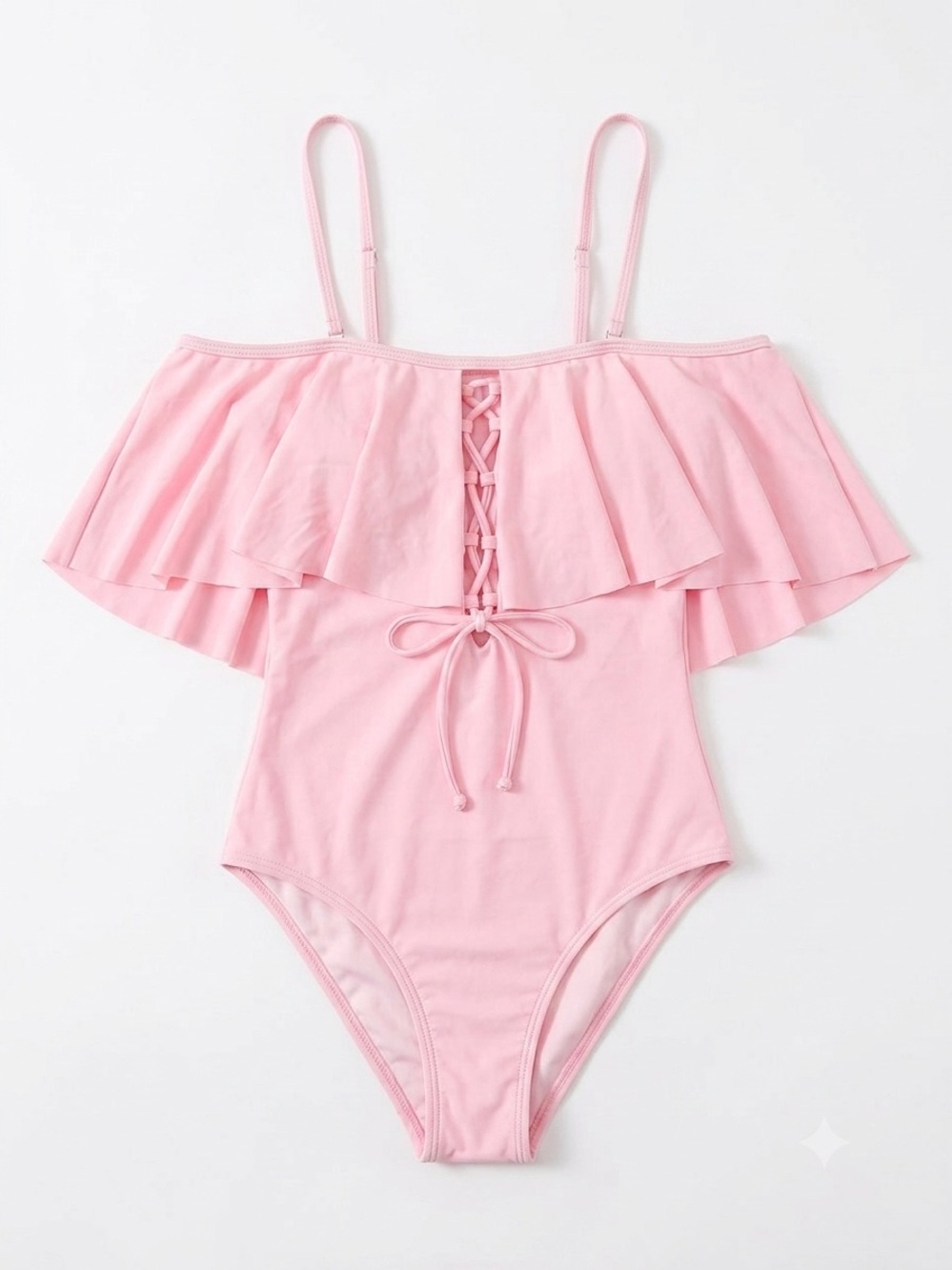 Cupshe Pink One Piece Swimsuit M Off The Shoulder Ruffle Lace Up Bodysuit Swim